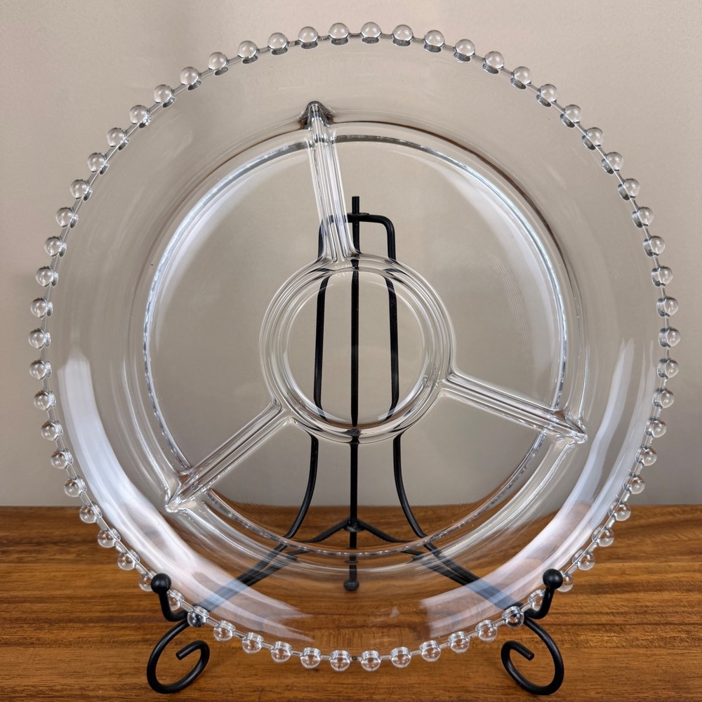 Imperial Candlewick Clear Glass 4 Part Divided Relish Dish Beaded Rim 10.5in